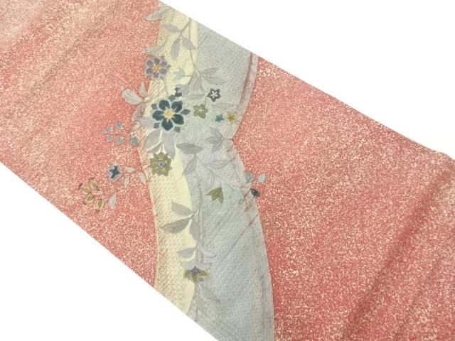 手織り紬汕頭相良刺繍波に花葉模様袋帯
